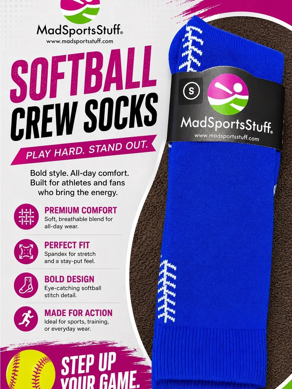 Women's Softball Crew Socks - Royal Blue - Size Small